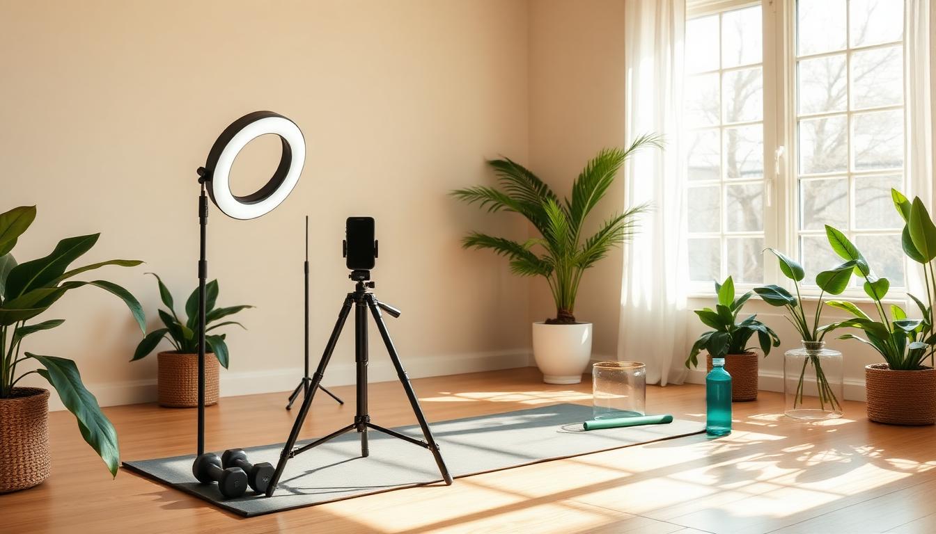 Wellness content setup with ring light, tripod, plants, and a yoga mat